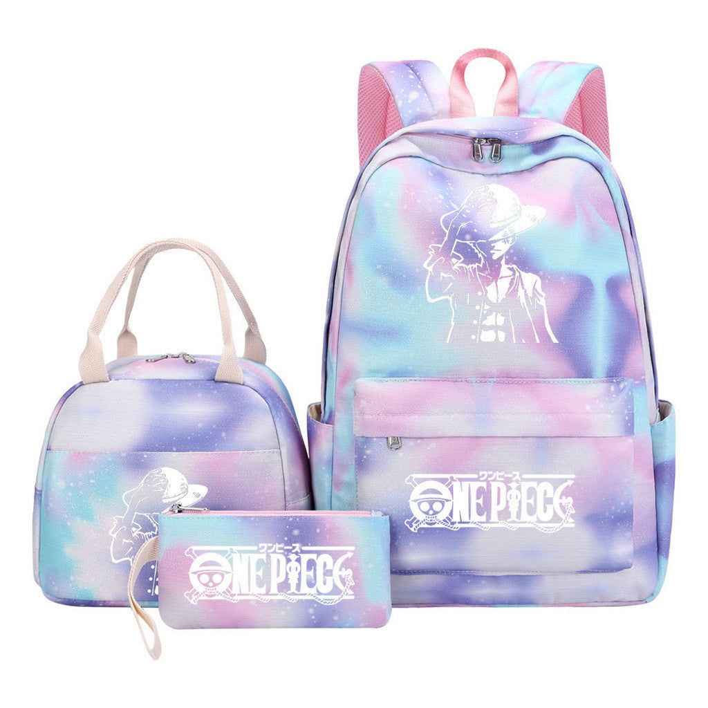 Cartoon Pirate King Youth Student Girls School Bag Lunch Bag Three Piece Set Backpack Set