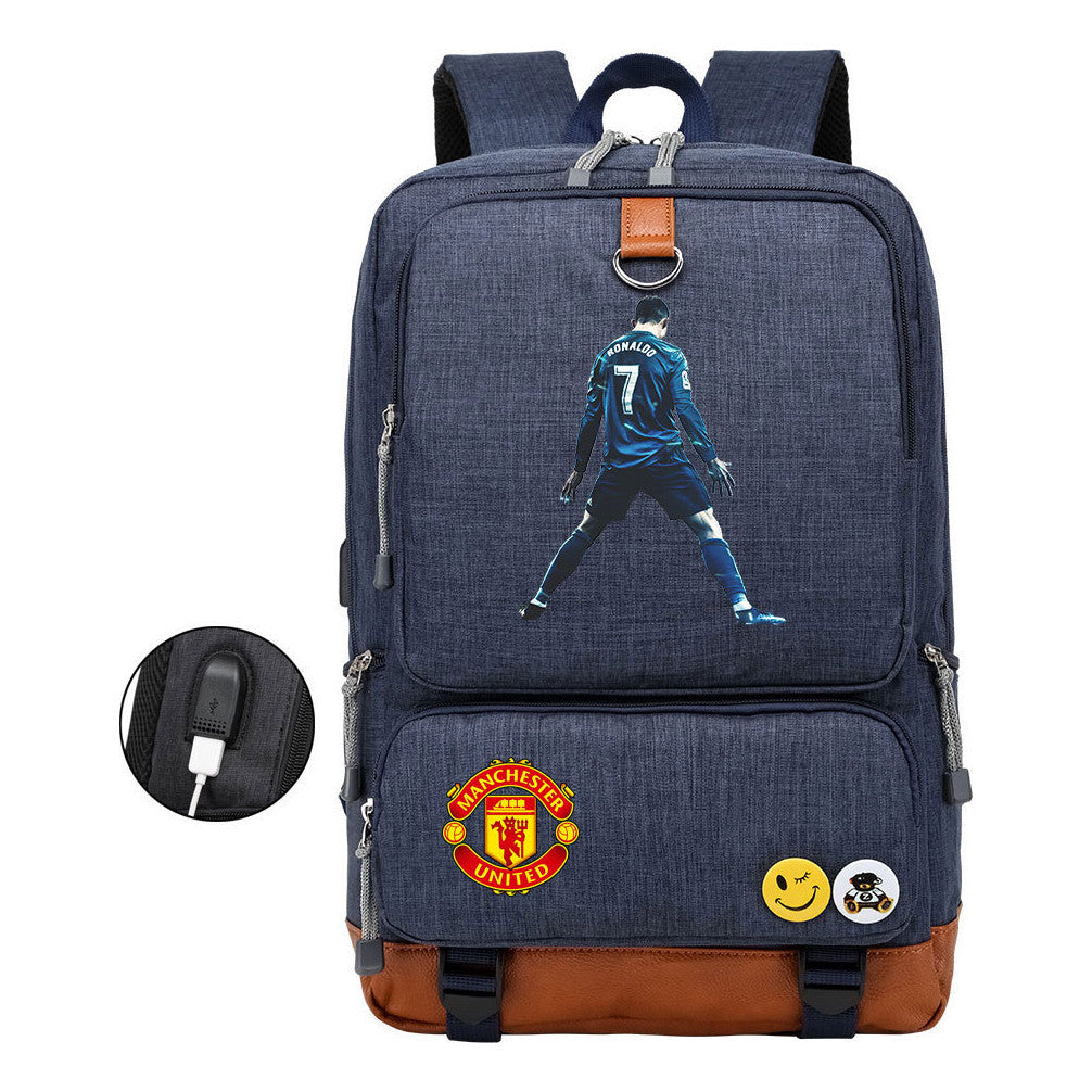 Football Star Cristiano Ronaldo Printed Usb Youth Student Backpack For Leisure Travel Backpack