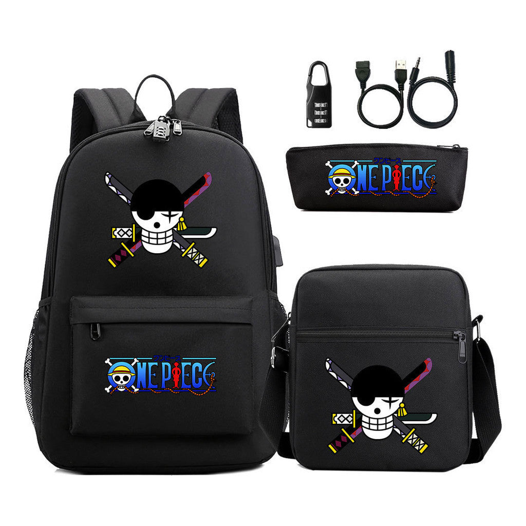 Cartoon Pirate King Usb Password Lock Youth Student Backpack Three Piece Set Backpack