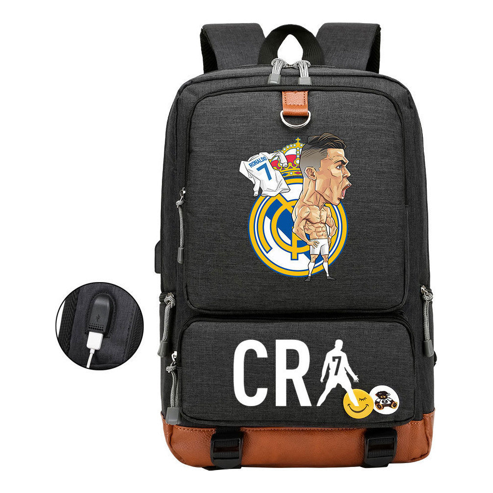 Football Star Cristiano Ronaldo Printed Usb Youth Primary And Secondary School Backpack For Boys And Girls Leisure Travel Backpack