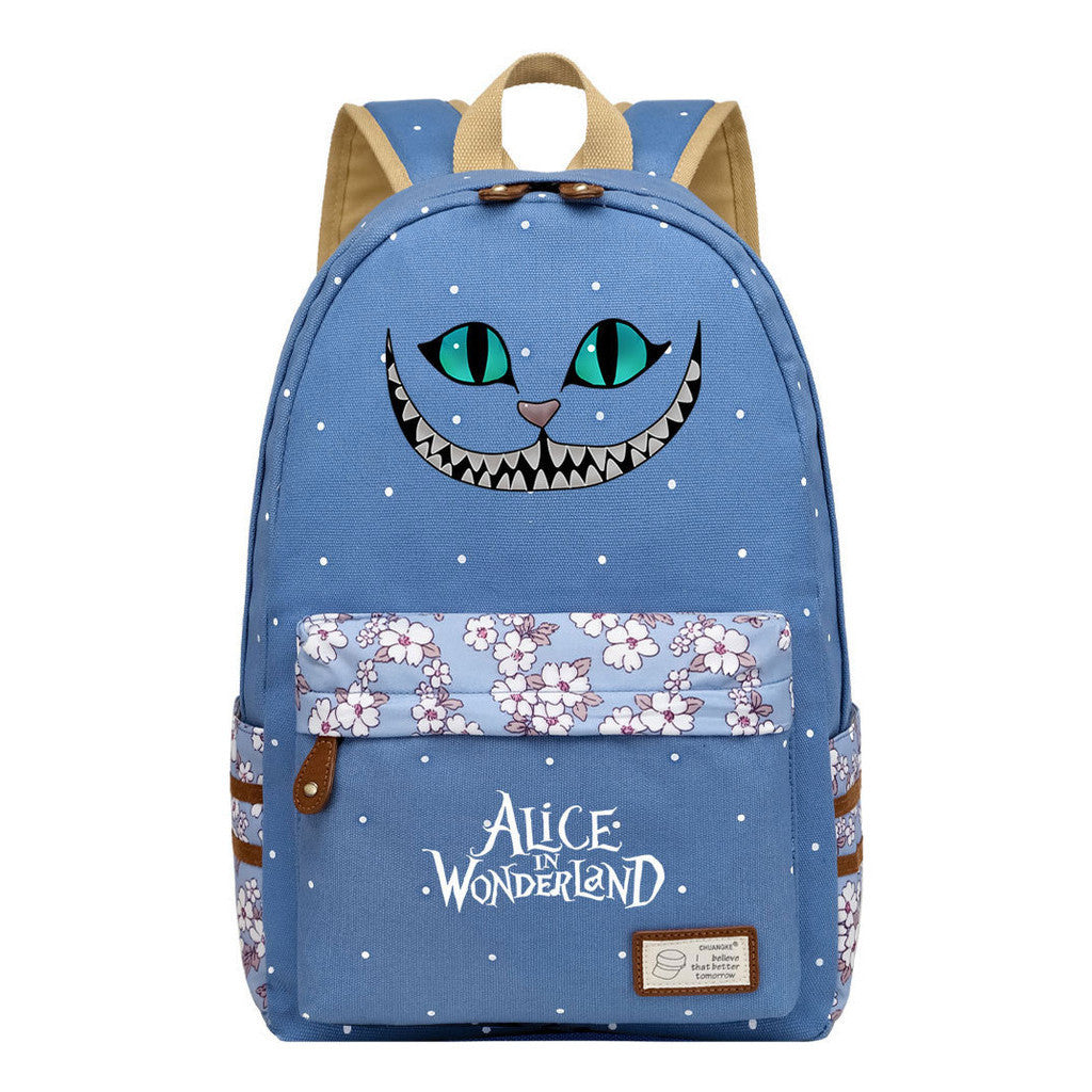 Anime Cartoon Cheshire Cat Print Student Backpack, Floral Casual Backpack