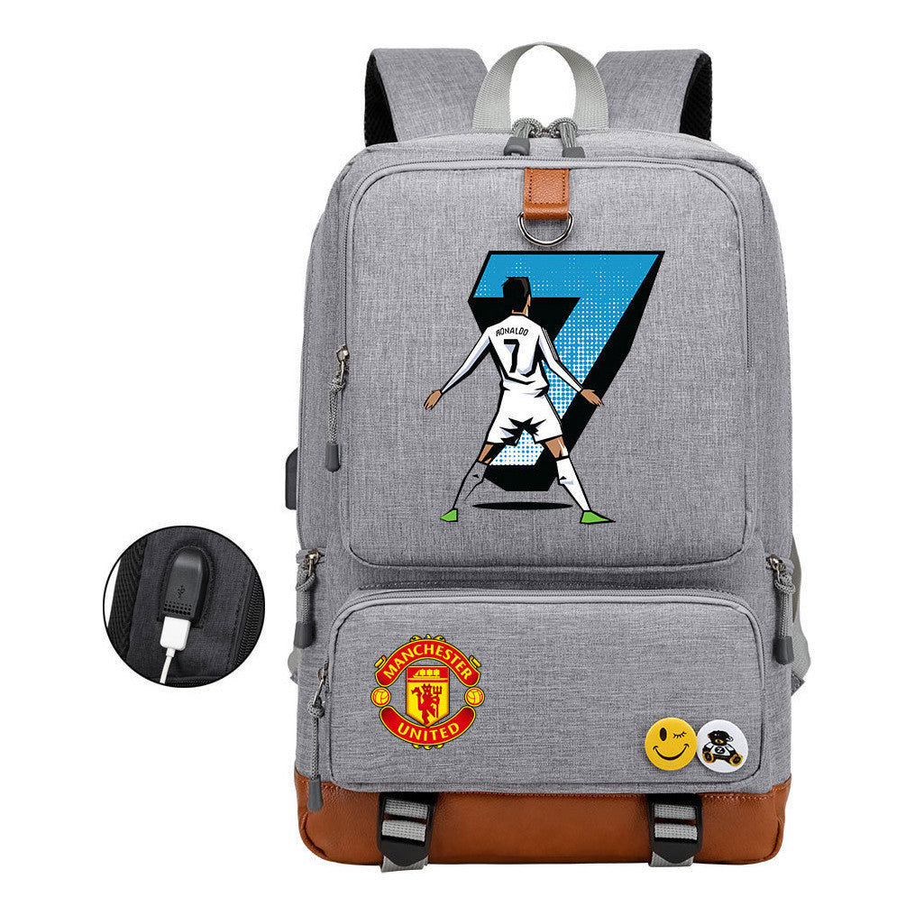 Football Star Cristiano Ronaldo Printed Usb Youth Student Backpack For Leisure Travel Backpack