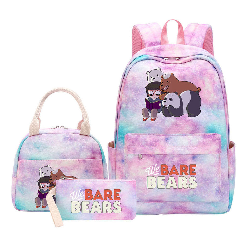 Cartoon Cute Three Bears Youth Student Girls School Bag Lunch Bag Three Piece Set Backpack Set