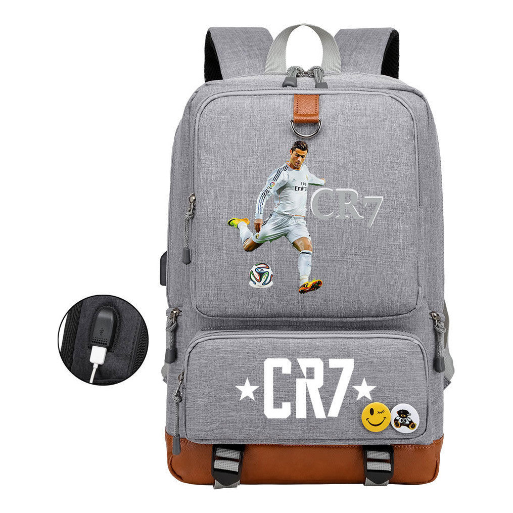 Football Star Cristiano Ronaldo Printed Usb Student Backpack For Leisure Travel Backpack