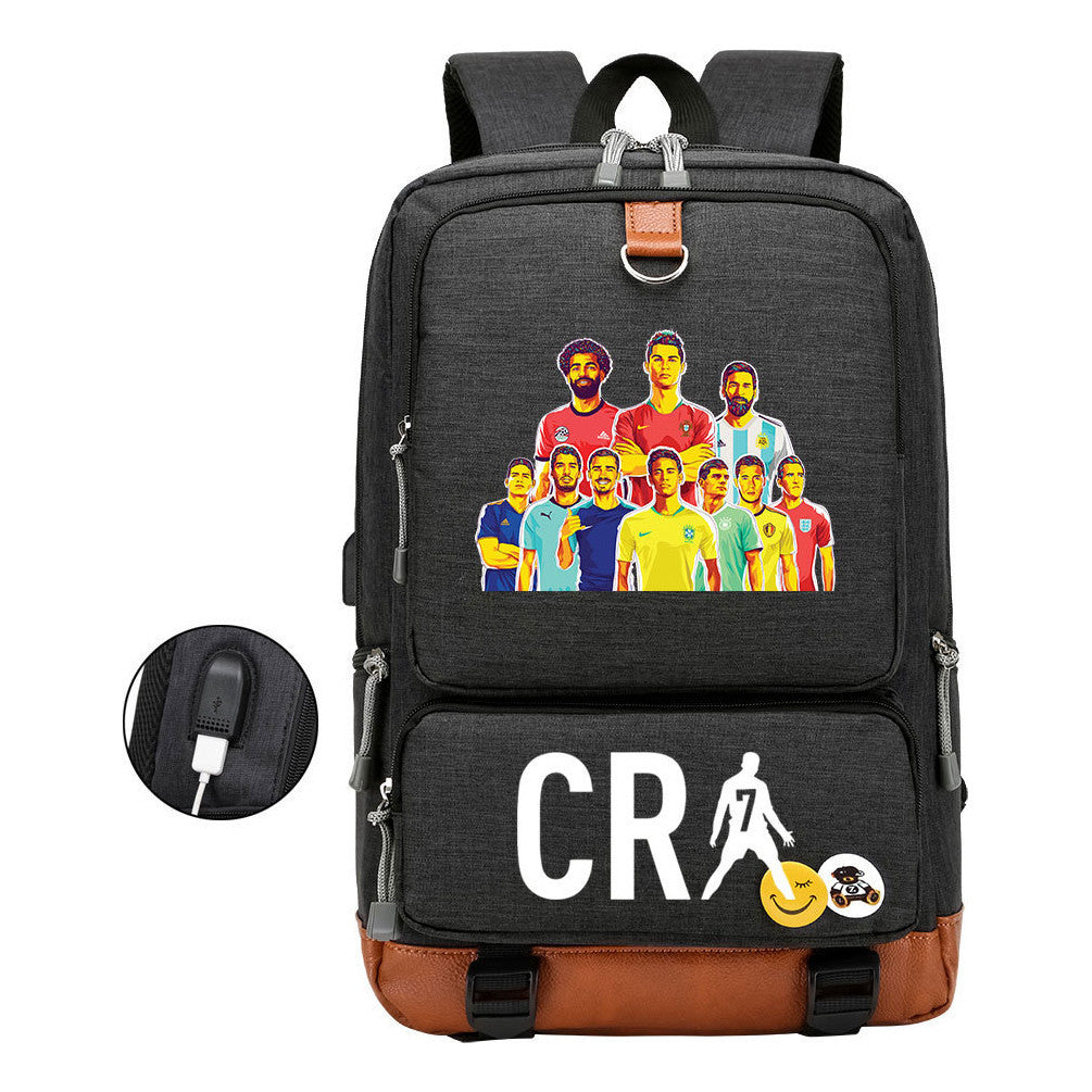 Football Star Cristiano Ronaldo Printed Usb Student Backpack For Leisure Travel Backpack