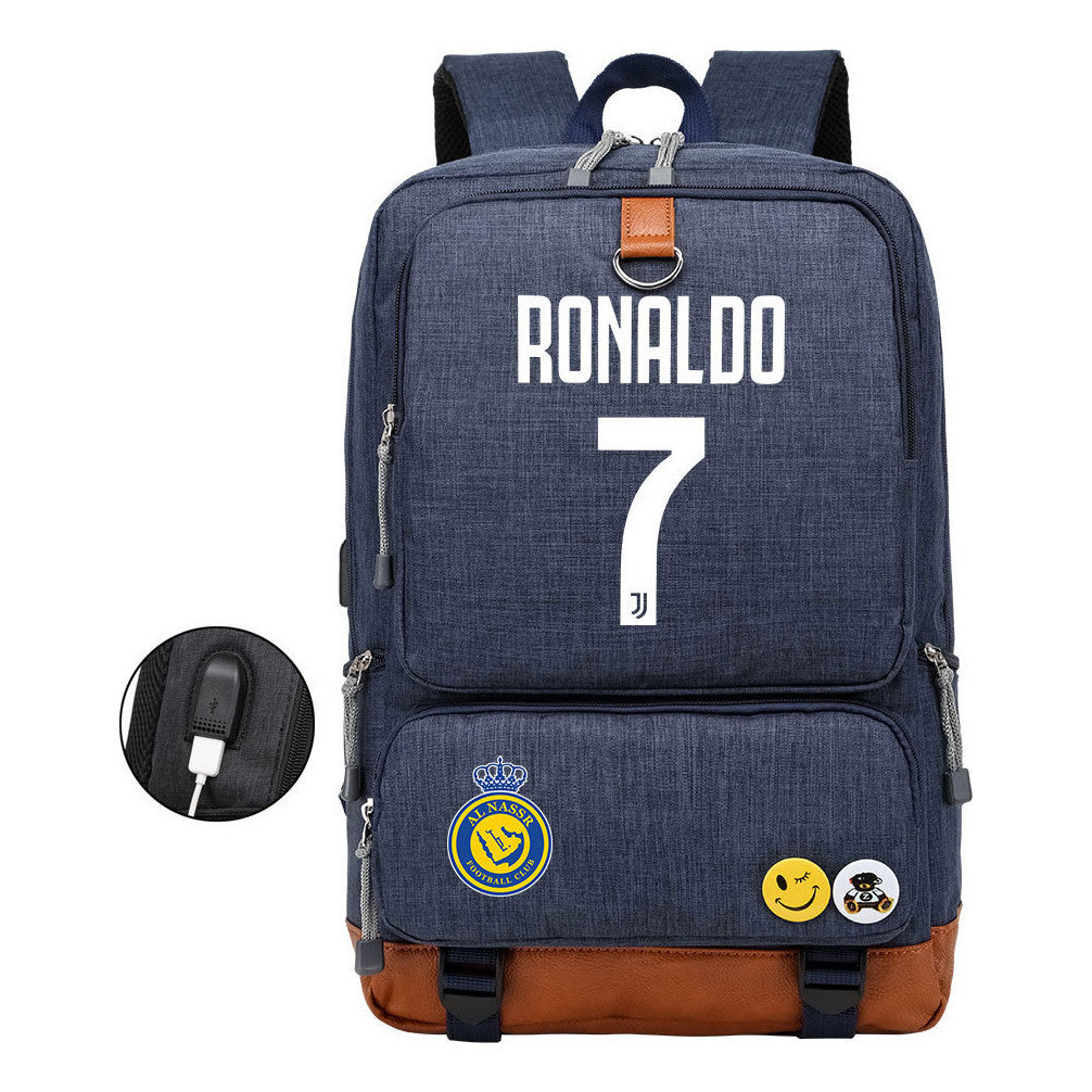 Football Star Cristiano Ronaldo Printed Usb Student Backpack Leisure Travel Backpack