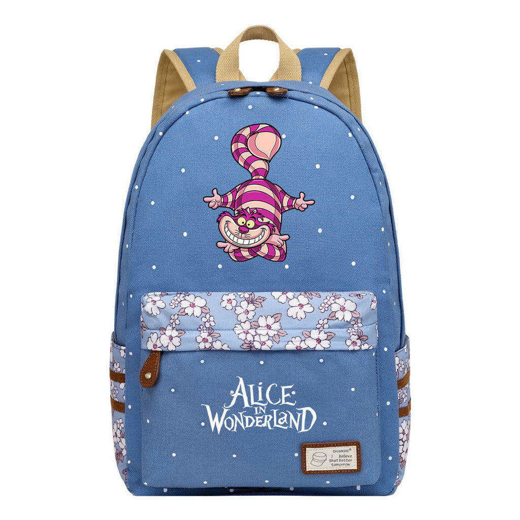 Anime Cartoon Cheshire Cat Print Student Backpack, Floral Casual Backpack