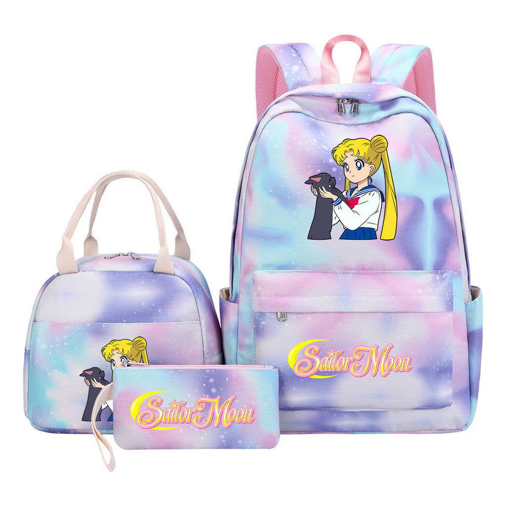 Beautiful Girl Warrior Student Schoolbag Lunch Bag Three Piece Set Backpack Cover