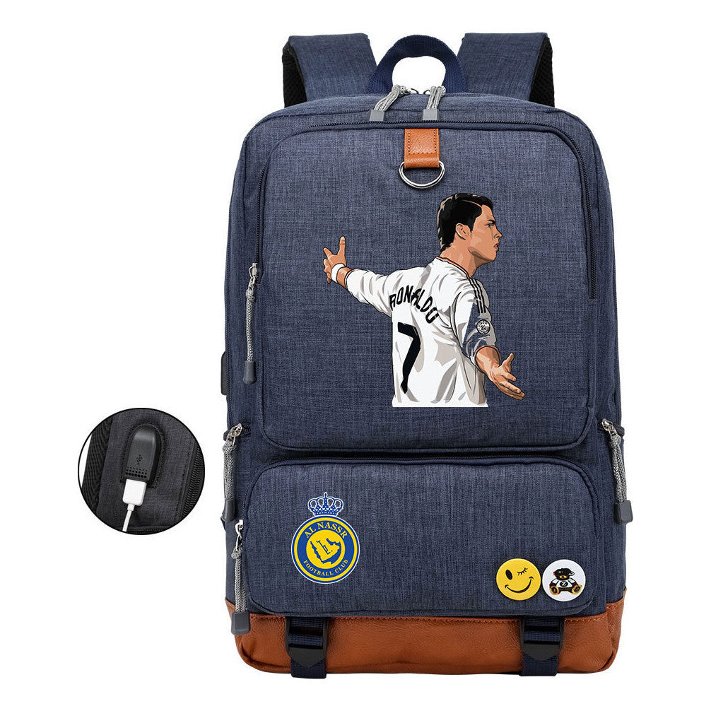 Football Star Cristiano Ronaldo Printed Usb Youth Student Backpack For Leisure Travel Backpack