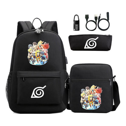 Naruto Usb Password Lock Backpack Three Piece Set For Men And Women Backpack Set