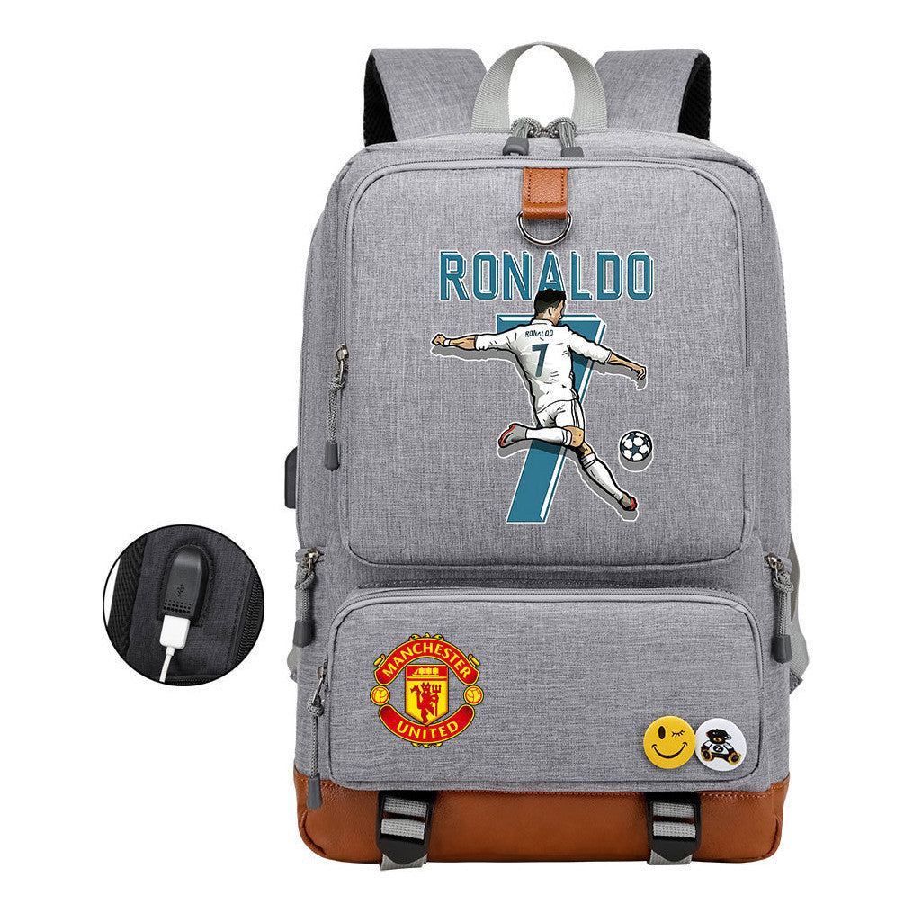 Football Star Cristiano Ronaldo Printed Usb Student Backpack For Leisure Travel Backpack