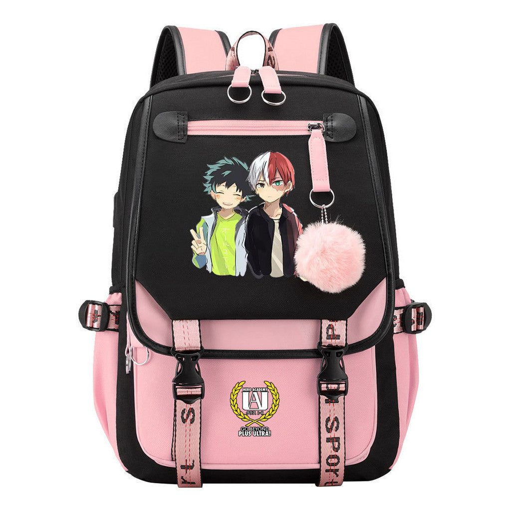 Comics My Heroes Academy Usb Student Backpack Casual Ribbon Flip Backpack