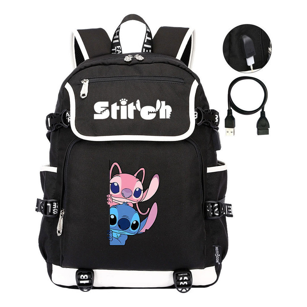 Anime Star Baby Stitch Printed Usb Student Backpack For Men And Women's Leisure Travel Backpack
