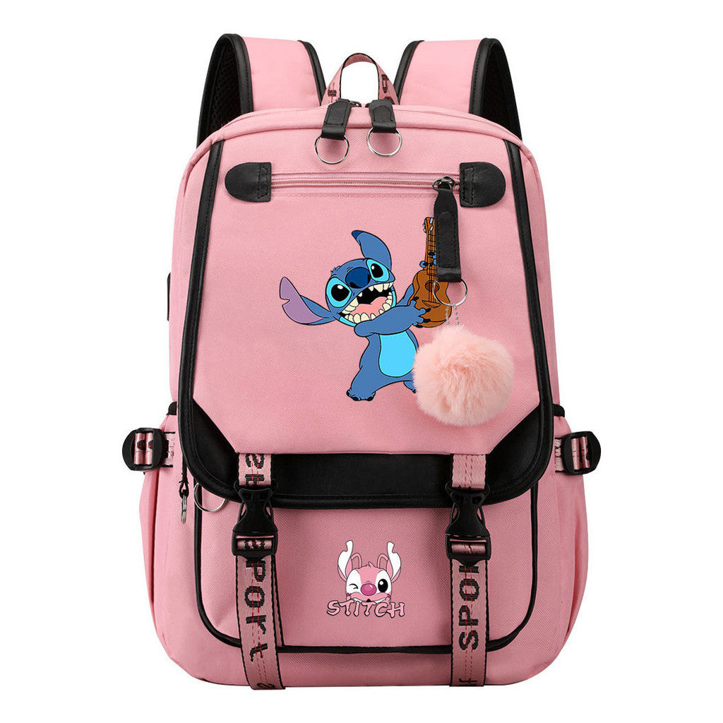 Interstellar Baby Stitch Usb Student Backpack For Boys And Girls, Casual Woven Strap Flip Back Backpack