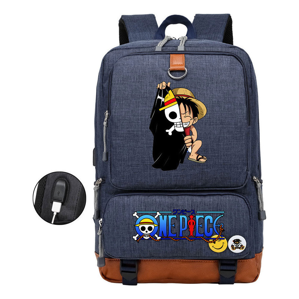 Cartoon Pirate King Print Usb Youth Backpack For Boys And Girls Leisure Travel Backpack