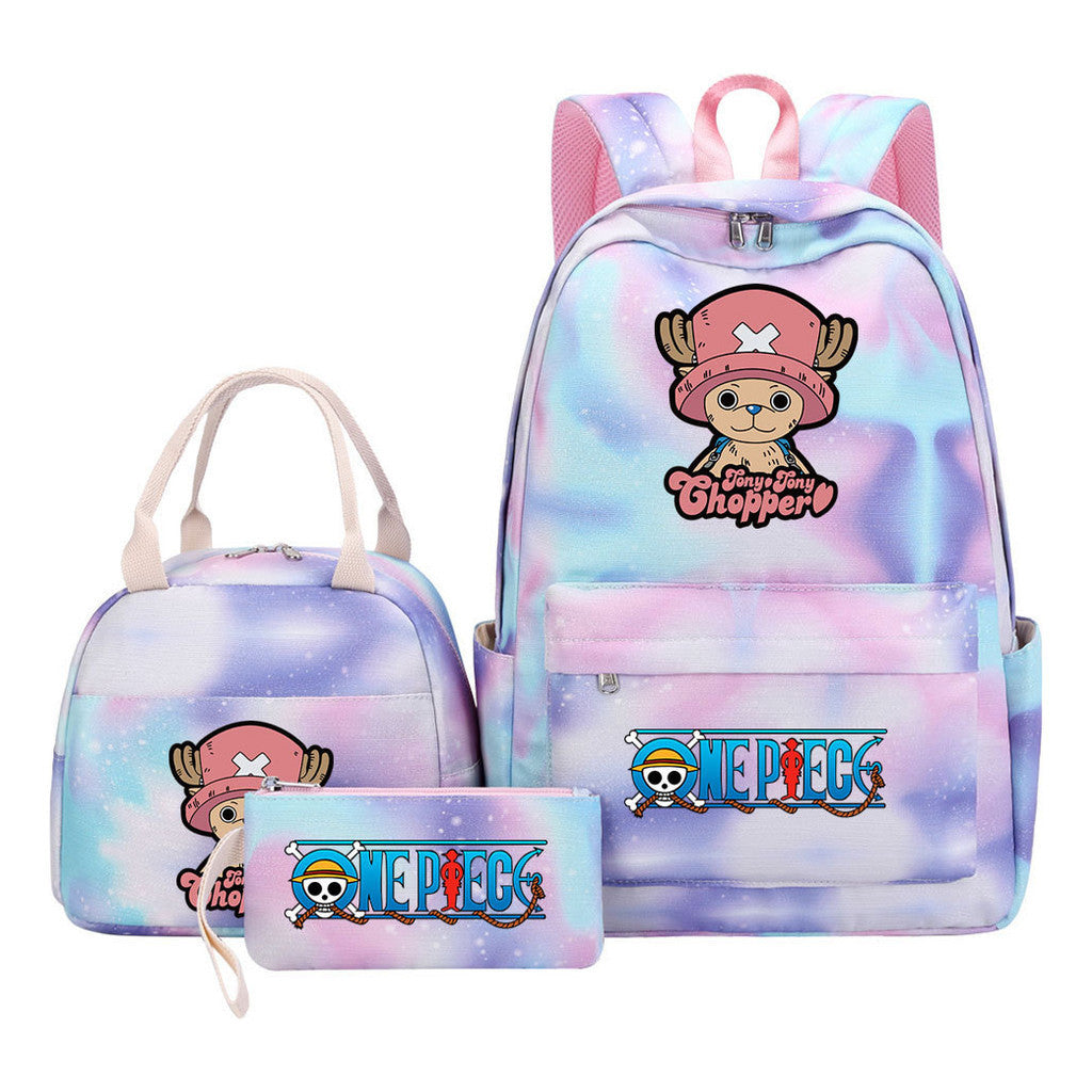 Cartoon Pirate King Youth Student Girls School Bag Lunch Bag Three Piece Set Backpack Set