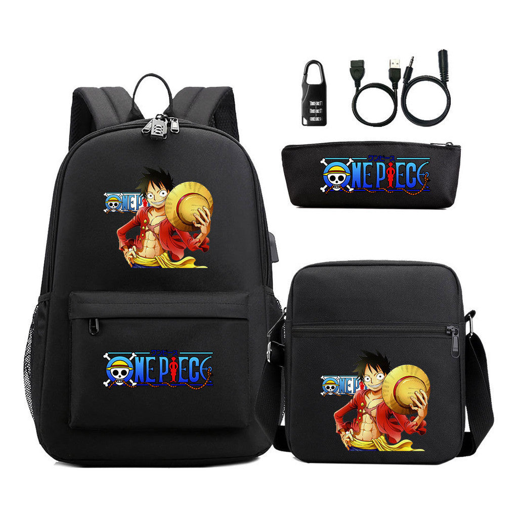 Cartoon Pirate King Usb Password Lock Youth Student Backpack Three Piece Set Backpack