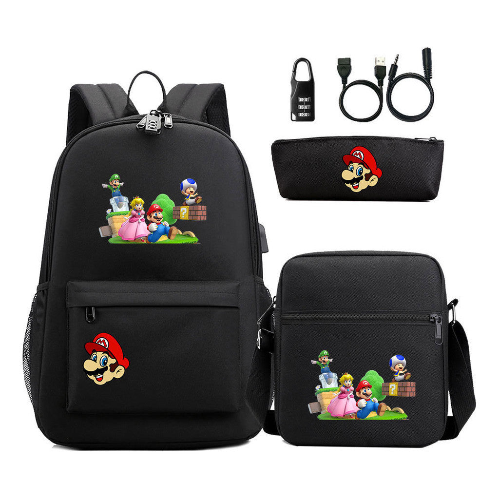 Super Mario Usb Password Lock Youth Student Backpack 3-piece Set For Men And Women Backpacks
