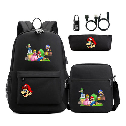 Super Mario Usb Password Lock Youth Student Backpack 3-piece Set For Men And Women Backpacks