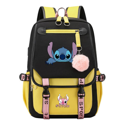 Interstellar Baby Stitch Usb Student Backpack For Boys And Girls, Casual Woven Strap Flip Back Backpack