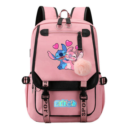 Interstellar Baby Stitch Usb Student Backpack With Casual Woven Strap Flap Backpack