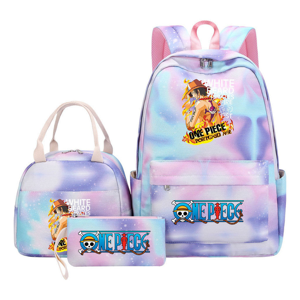 Cartoon Pirate King Youth Student Girls School Bag Lunch Bag Three Piece Set Backpack Set