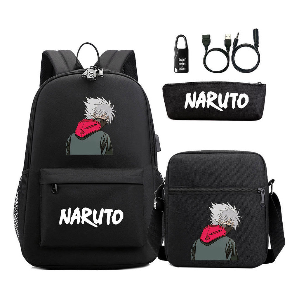 Naruto Usb Password Lock Youth Student Backpack Three Piece Set For Men And Women Backpack Set
