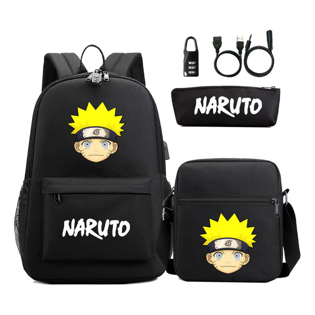Naruto Usb Password Lock Youth Student Backpack Three Piece Set For Men And Women Backpack Set