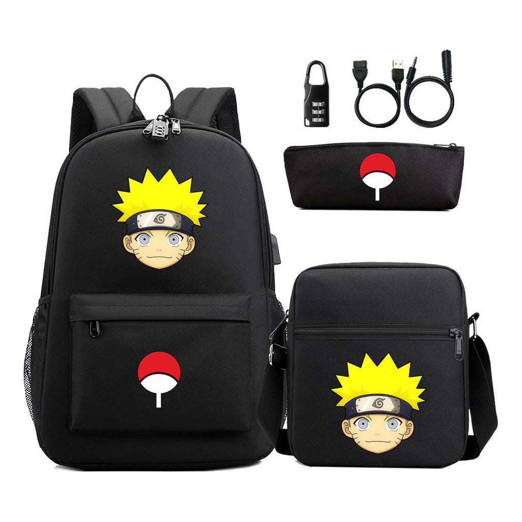 Naruto Usb Password Lock Youth Student Backpack Three Piece Set Backpack Set