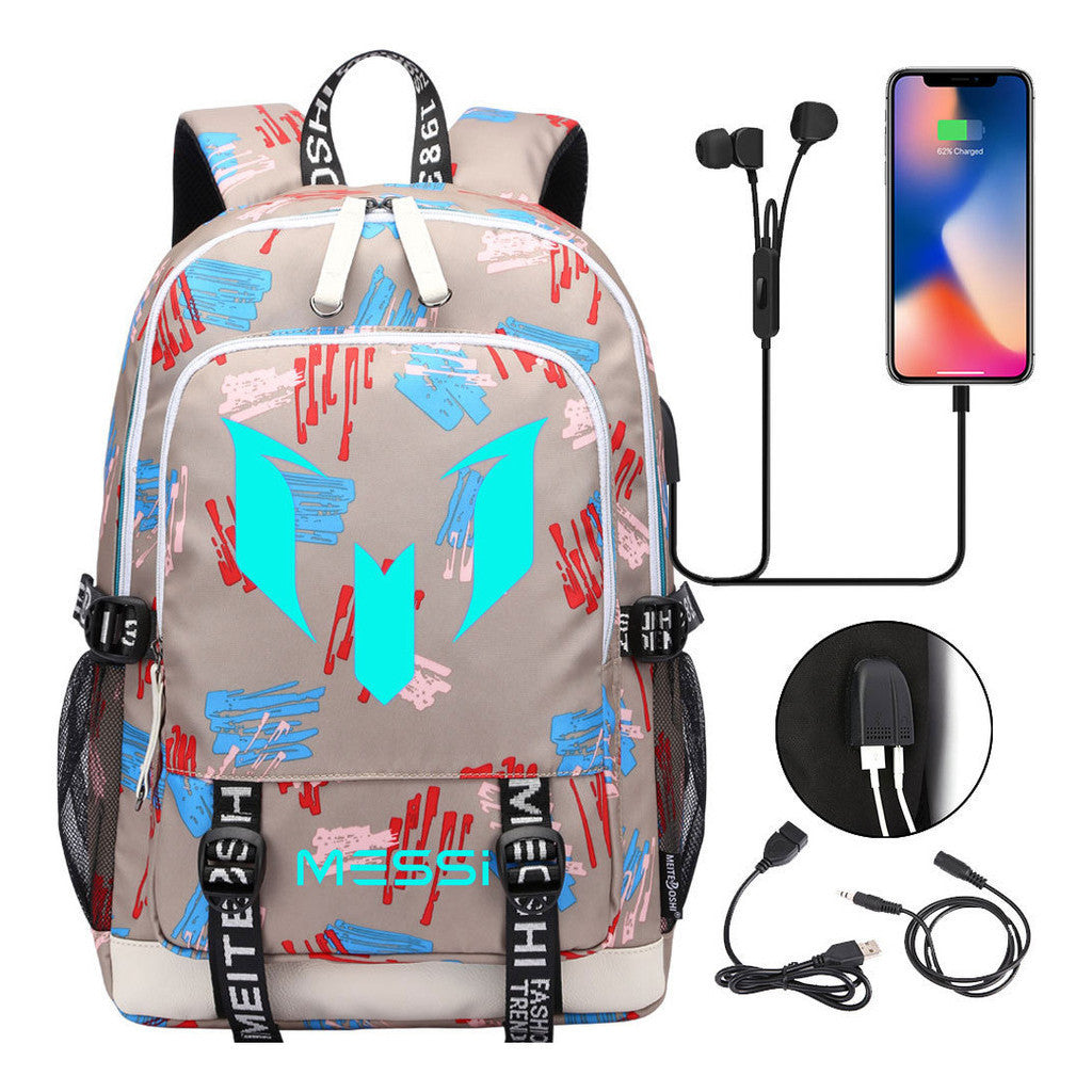 Blue Luminous Sports Football Star Teenagers Schoolbag Usb Leisure Backpack Men And Women