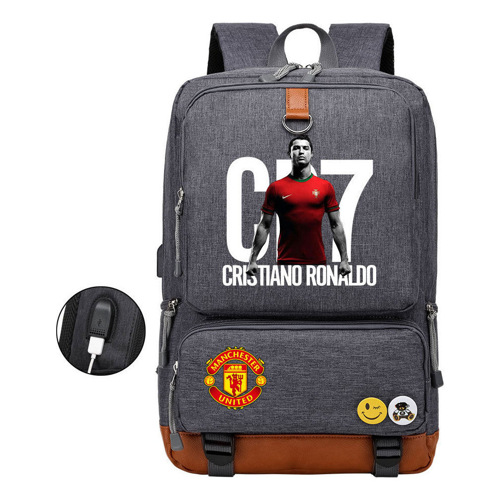 Football Star Cristiano Ronaldo Printed Usb Youth Student Backpack For Boys And Girls Leisure Travel Backpack