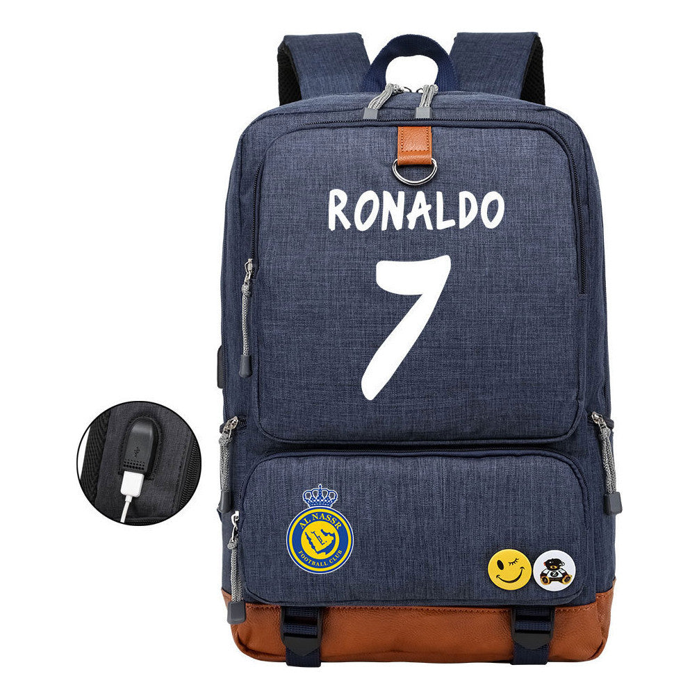 Football Star Cristiano Ronaldo Printed Usb Student Backpack Leisure Travel Backpack