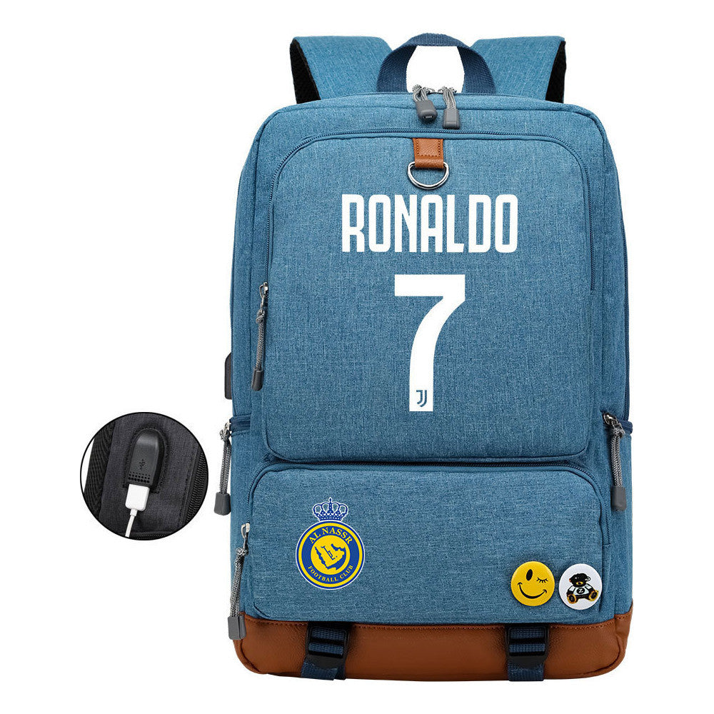Football Star Cristiano Ronaldo Printed Usb Student Backpack Leisure Travel Backpack