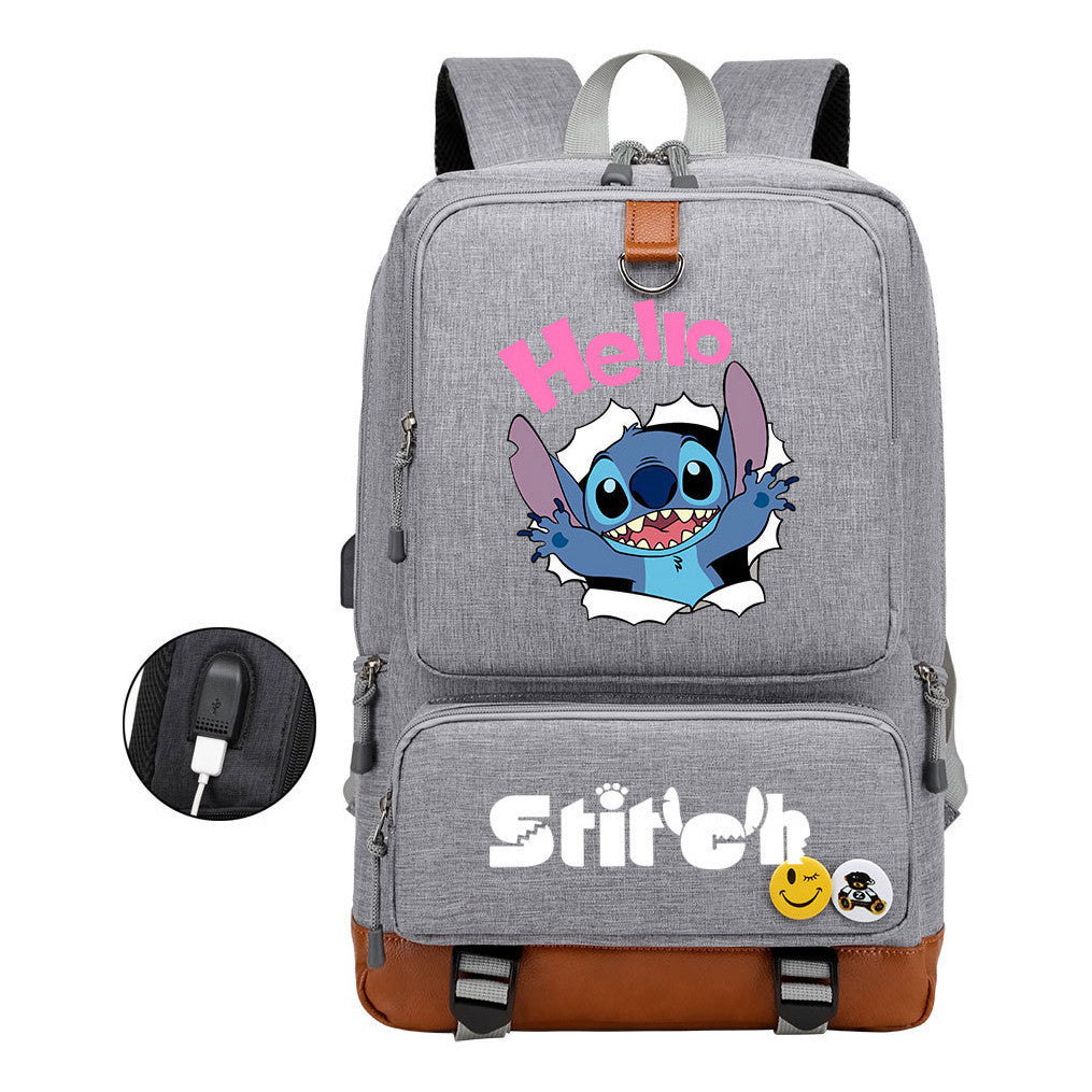 Anime Star Baby Stitch Printed Usb Youth Student Backpack For Men And Women's Leisure Travel Backpack