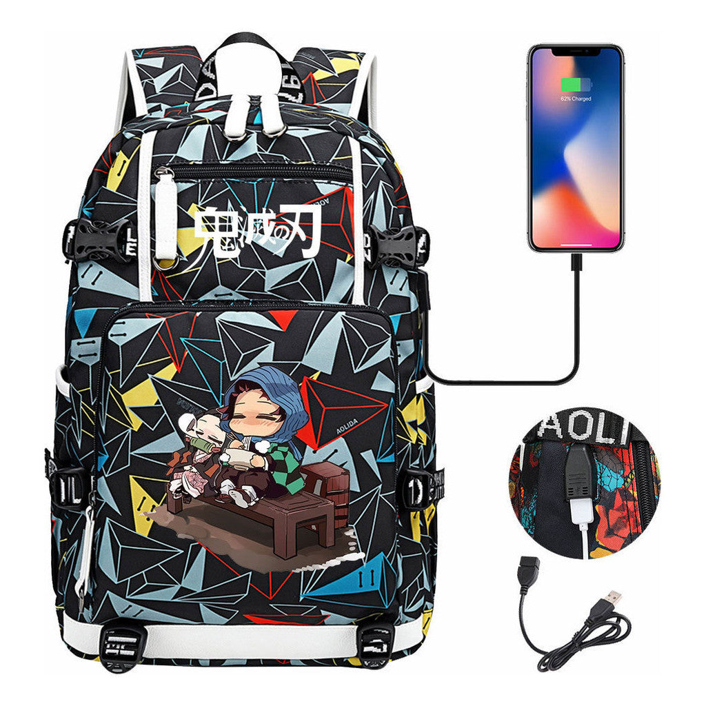 Cartoon Printed Usb Large Capacity Youth Student Backpack For Men And Women's Leisure Travel Backpack