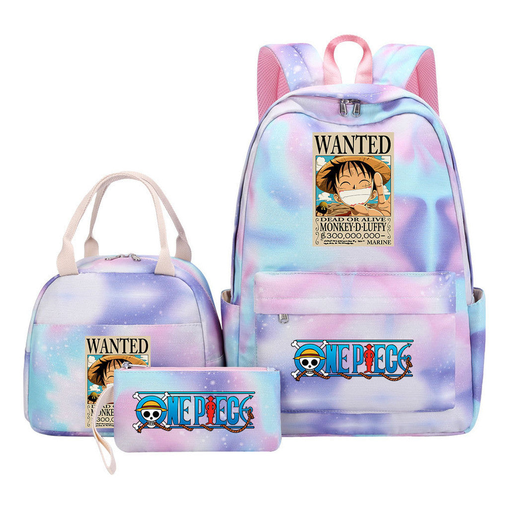 Cartoon Pirate King Youth Student Girls School Bag Lunch Bag Three Piece Set Backpack Set