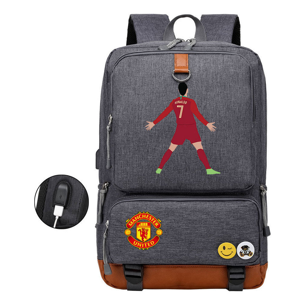 Football Star Cristiano Ronaldo Printed Usb Youth Student Backpack For Leisure Travel Backpack