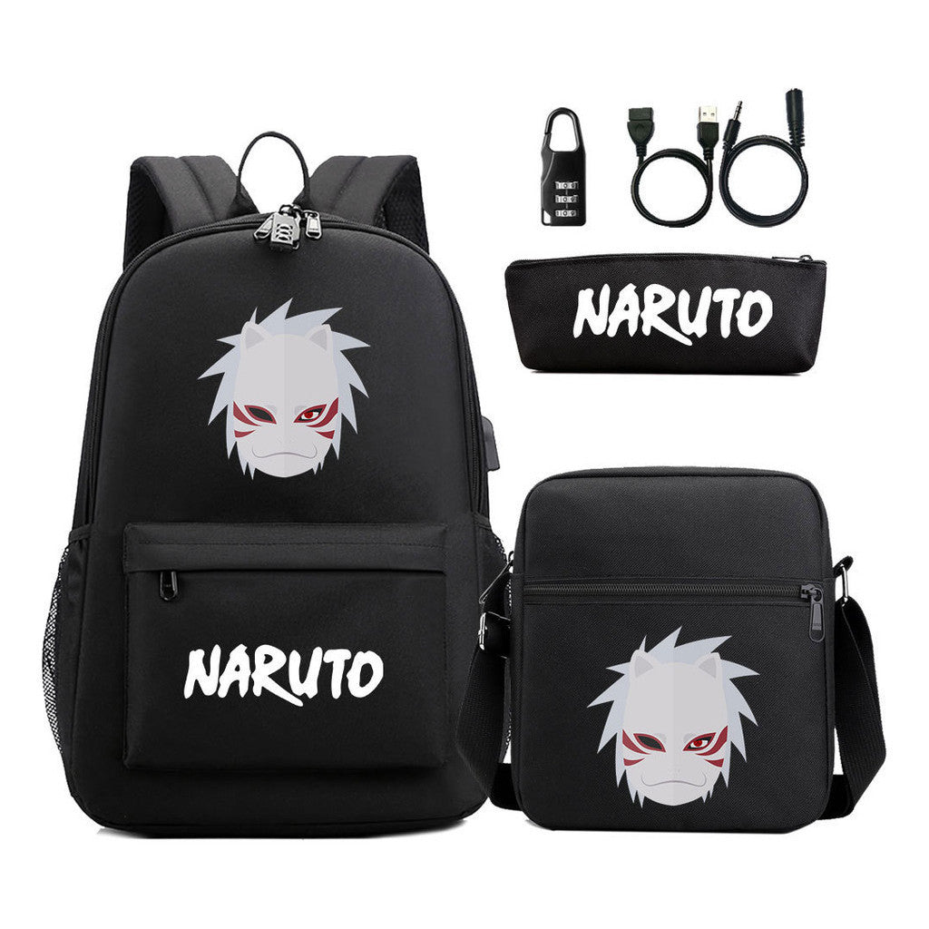 Naruto Usb Password Lock Youth Student Backpack Three Piece Set For Men And Women Backpack Set