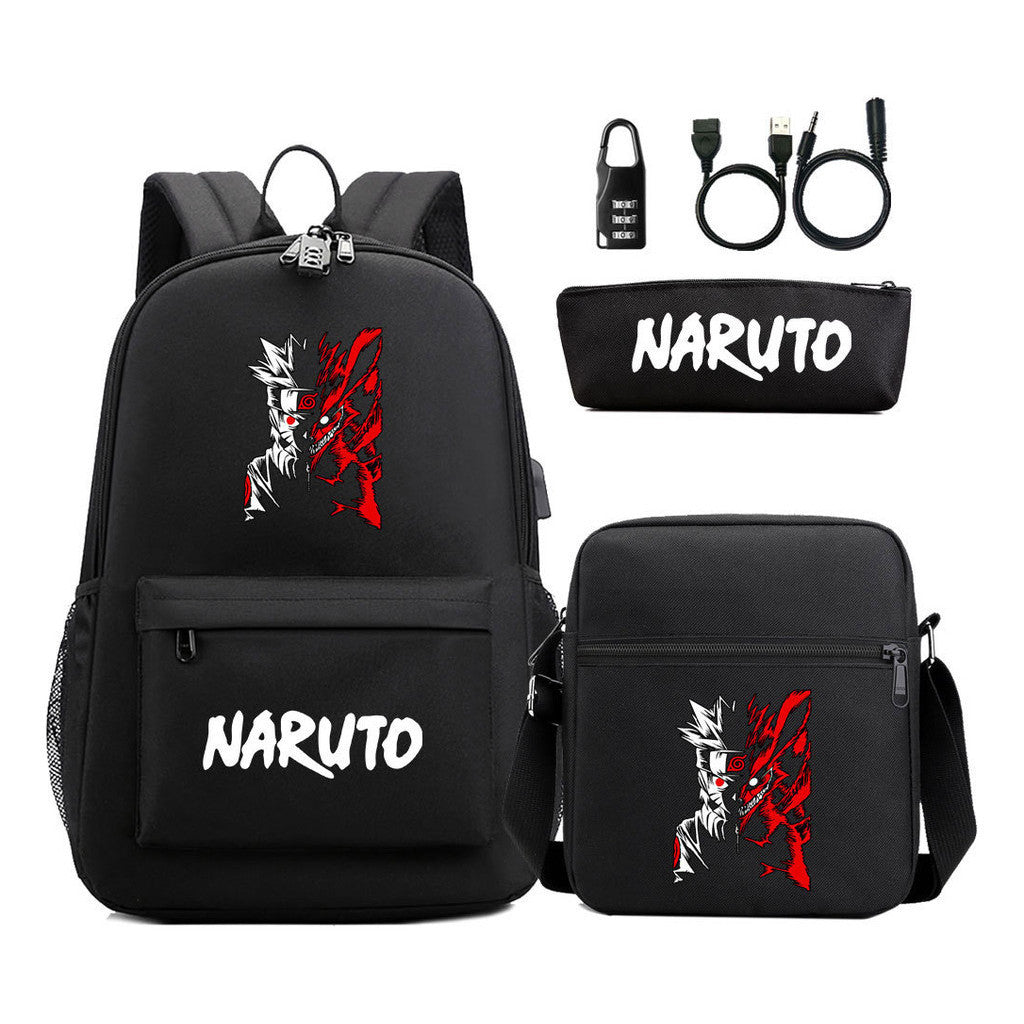 Naruto Usb Password Lock Youth Student Backpack Three Piece Set For Men And Women Backpack Set
