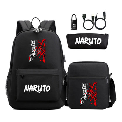 Naruto Usb Password Lock Youth Student Backpack Three Piece Set For Men And Women Backpack Set