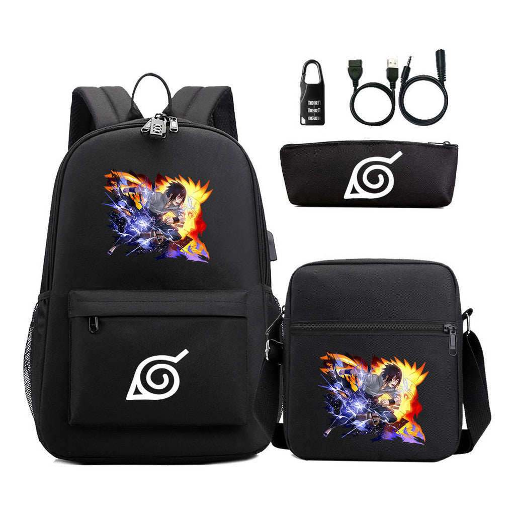 Naruto Usb Password Lock Backpack Three Piece Set For Men And Women Backpack Set