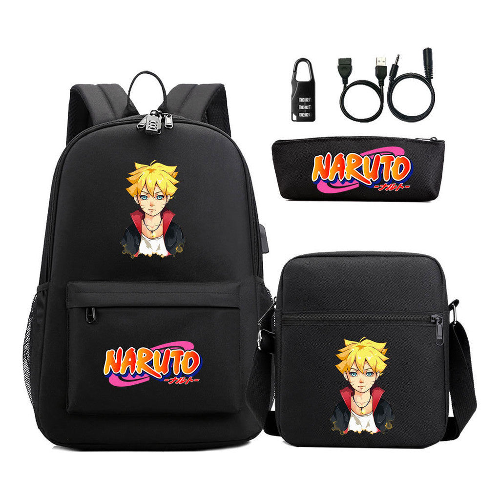 Naruto Usb Password Lock Youth Student Backpack Three Piece Set Backpack Set
