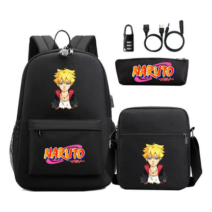 Naruto Usb Password Lock Youth Student Backpack Three Piece Set Backpack Set