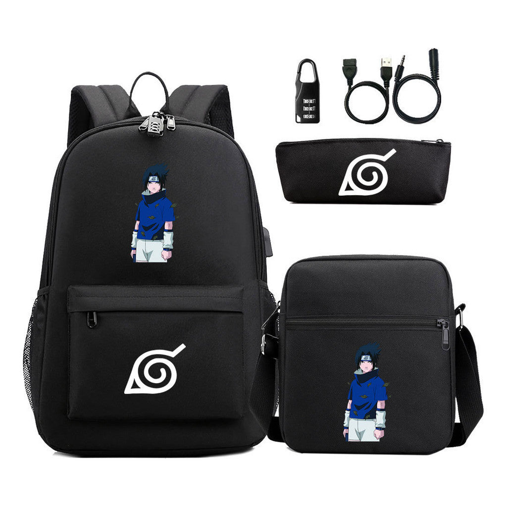Fashionable Naruto Usb Password Lock Youth Student School Bag Three Piece Backpack Set