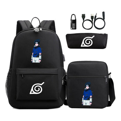 Fashionable Naruto Usb Password Lock Youth Student School Bag Three Piece Backpack Set
