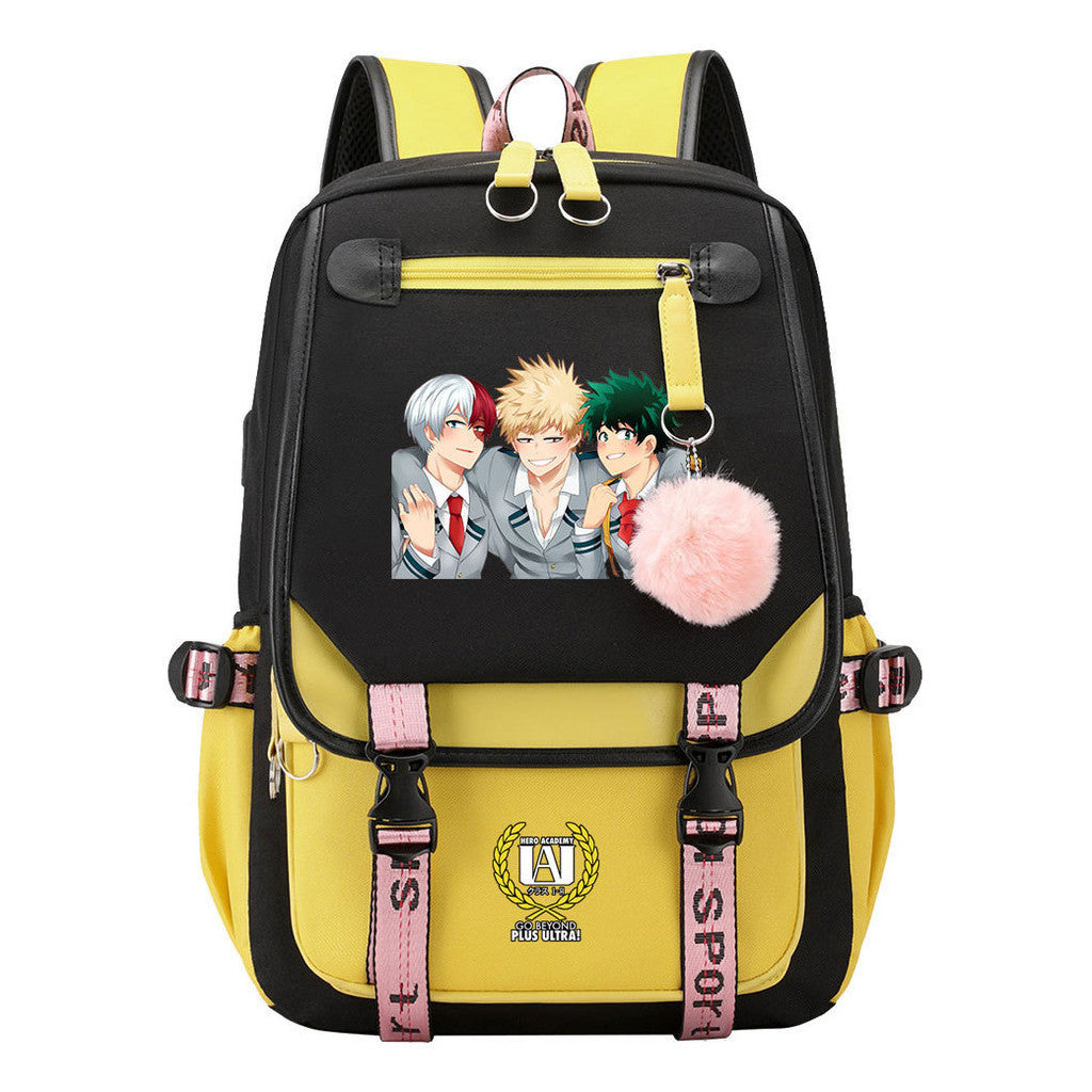 Comics My Heroes Academy Usb Student Backpack Casual Ribbon Flip Backpack