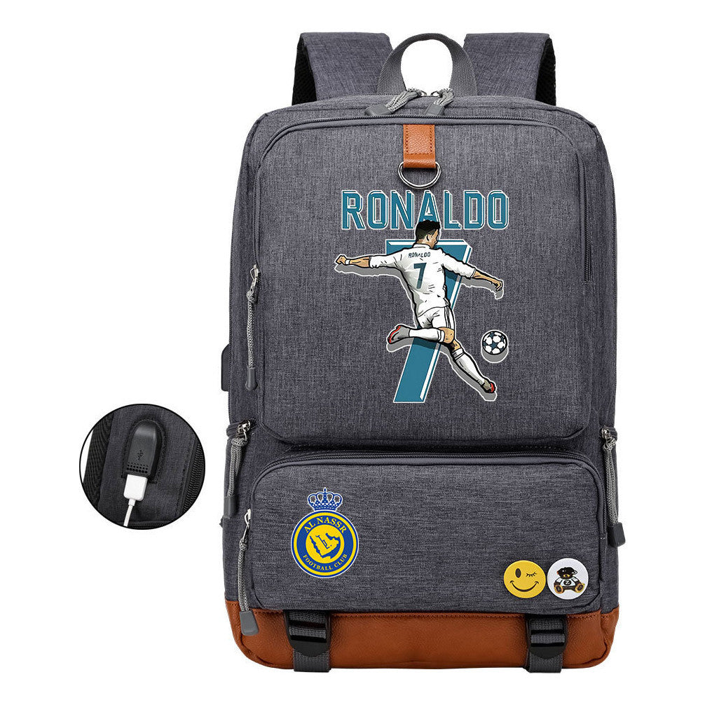 Football Star Cristiano Ronaldo Printed Usb Student Backpack Leisure Travel Backpack