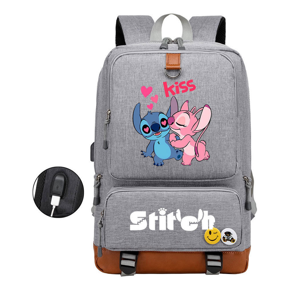 Anime Star Baby Stitch Printed Usb Youth Student Backpack For Men And Women's Leisure Travel Backpack
