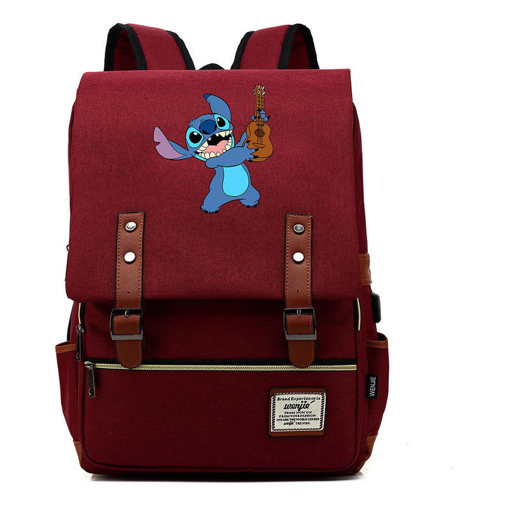 Anime Star Baby Stitch Printed Youth Student Backpack Usb Casual Backpack