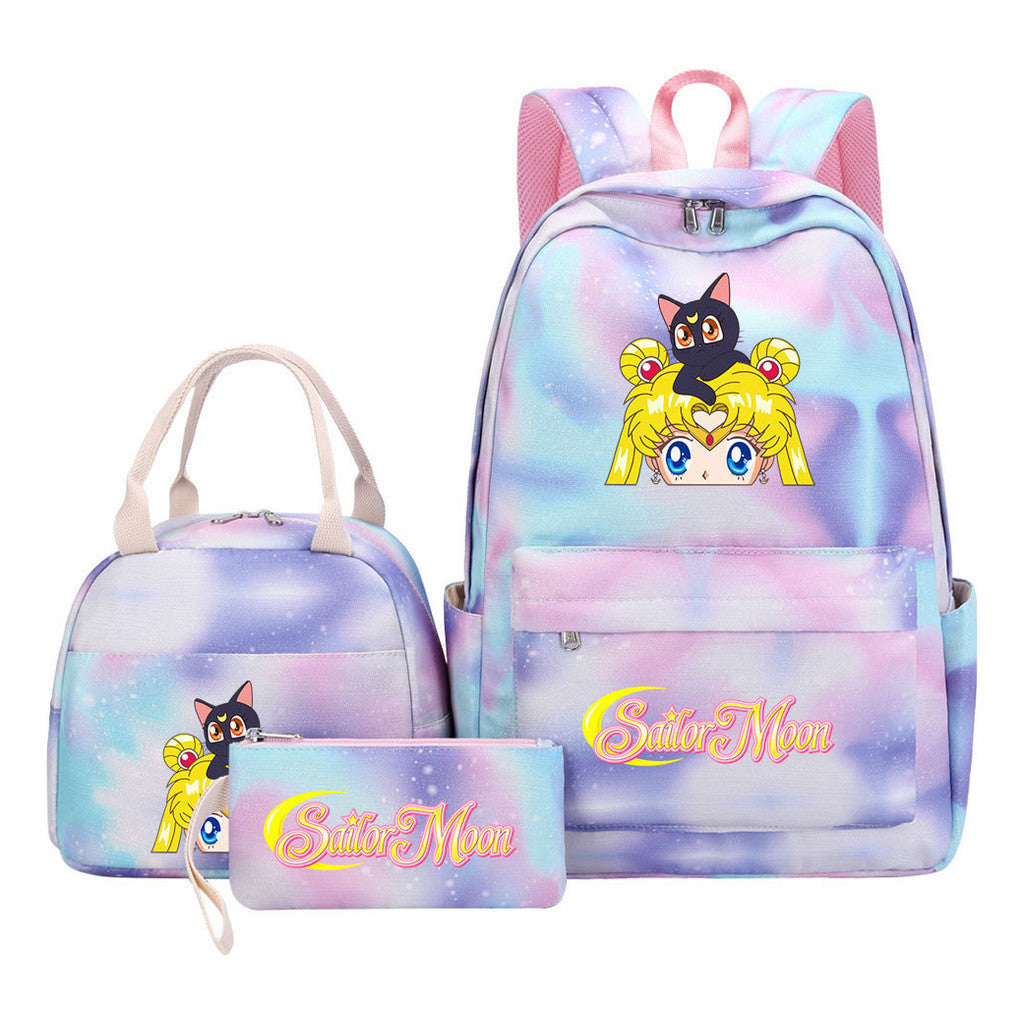 Anime Beauty Girl Warrior Youth Student Girl Schoolbag Lunch Bag Three Piece Set Backpack Set